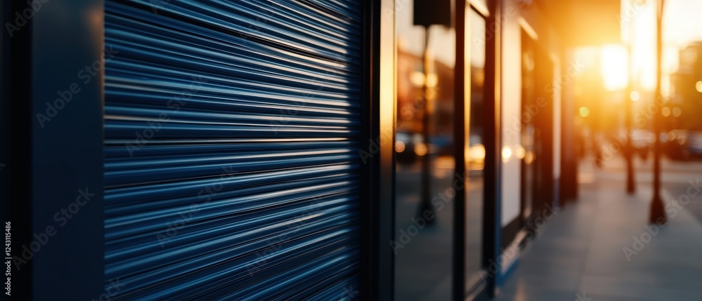 Poster a close-up view of a storefront with rolling shutters, illuminated by the warm glow of sunset on a b