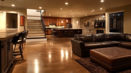 Contemporary basement with soft lighting and stylish concrete flooring.