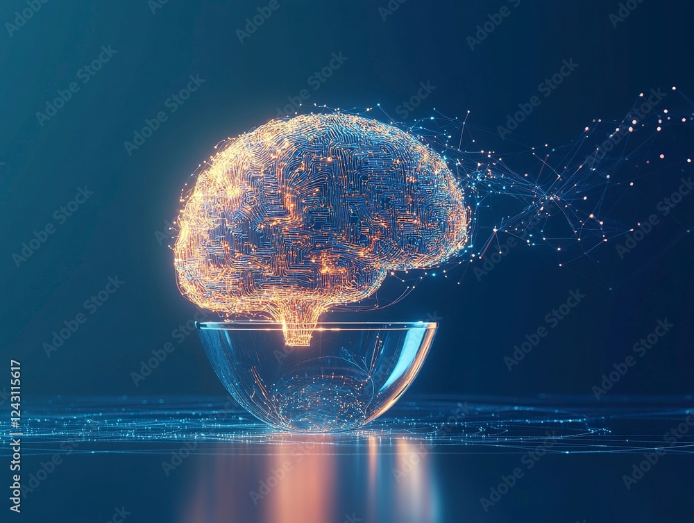 Aufkleber abstract futuristic digital brain with circuit board lines on blue background, artificial intelligen