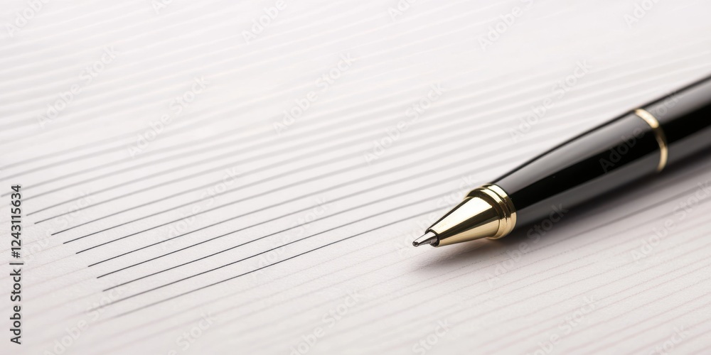 Poster a close-up view of a sleek black pen resting on a lined notepad, symbolizing creativity and producti