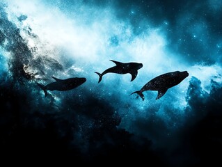Obraz premium A surreal cosmic ocean where whales and manta rays swim through the air, leaving trails of stardust
