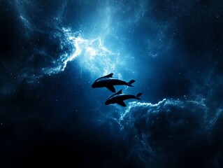 Fototapeta premium A surreal cosmic ocean where whales and manta rays swim through the air, leaving trails of stardust