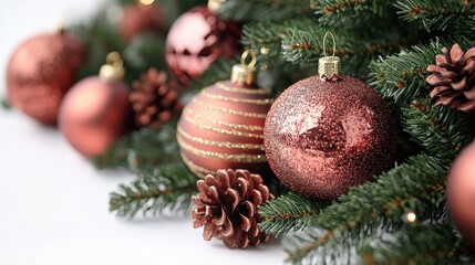 Festive Christmas ornaments and pinecones beautifully arranged on a lush green tree backdrop