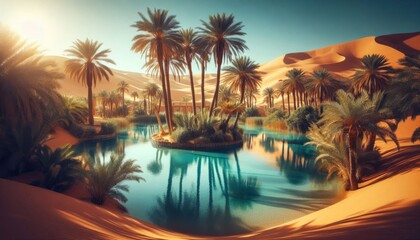 An oasis of palm trees around a turquoise pool in a desert landscape with sand dunes under a bright sky. Serene and inviting.