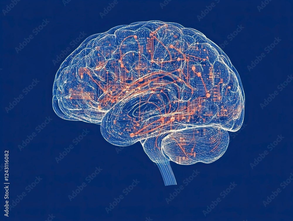 Poster abstract futuristic digital brain with circuit board lines on blue background, artificial intelligen