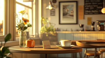 Cozy Scandinavian cafe with warm lighting and a freshly brewed cappuccino.