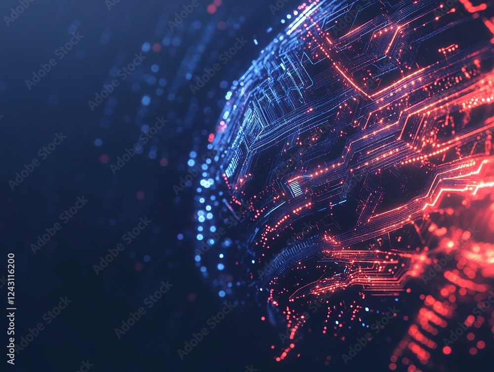 Poster abstract futuristic digital brain with circuit board lines on blue background, artificial intelligen