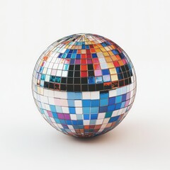 Obraz premium Colorful Mirror Ball On White Backgrounds Disco Ball Keywords and Description Celebration Decoration Idea For Parties And Events! Vibrant Geometric Shapes Modern Reflective Sphere Artistic