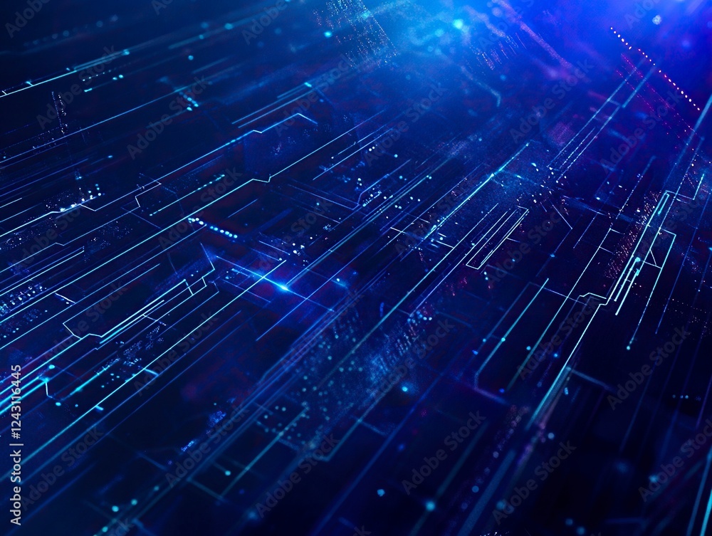 Poster abstract futuristic digital brain with circuit board lines on blue background, artificial intelligen
