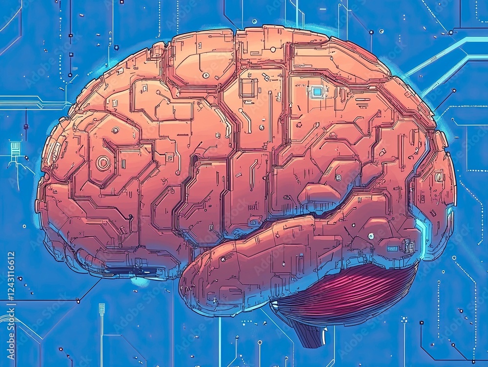 Poster abstract futuristic digital brain with circuit board lines on blue background, artificial intelligen