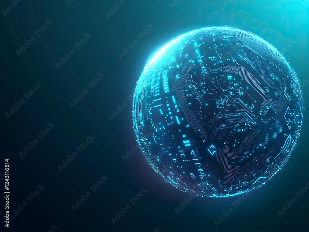 Poster abstract futuristic digital brain with circuit board lines on blue background, artificial intelligen