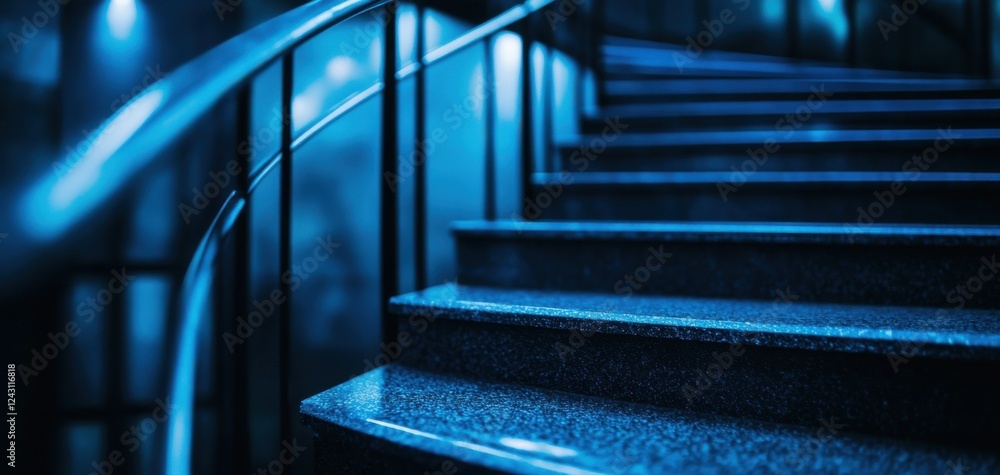 Poster a close-up view of illuminated stairs featuring a sleek design, highlighting the modern architecture