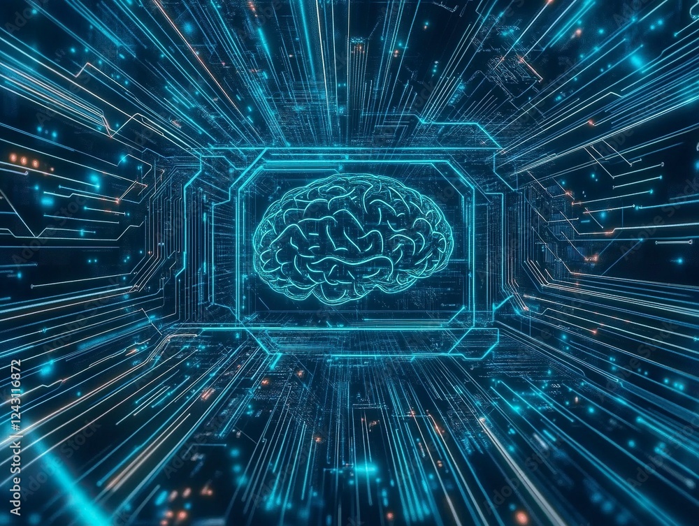 Poster abstract futuristic digital brain with circuit board lines on blue background, artificial intelligen