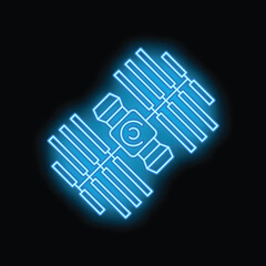 Bright, glowing neon blue satellite is orbiting a planet on a black background