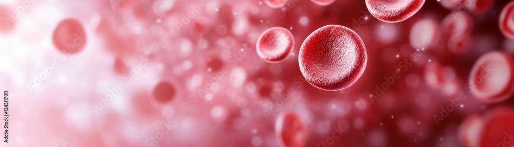 Poster a close-up view of red blood cells, showcasing their unique shape and vibrant color in a dynamic, ab