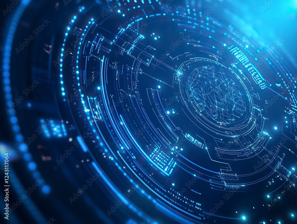 Aufkleber abstract futuristic digital brain with circuit board lines on blue background, artificial intelligen