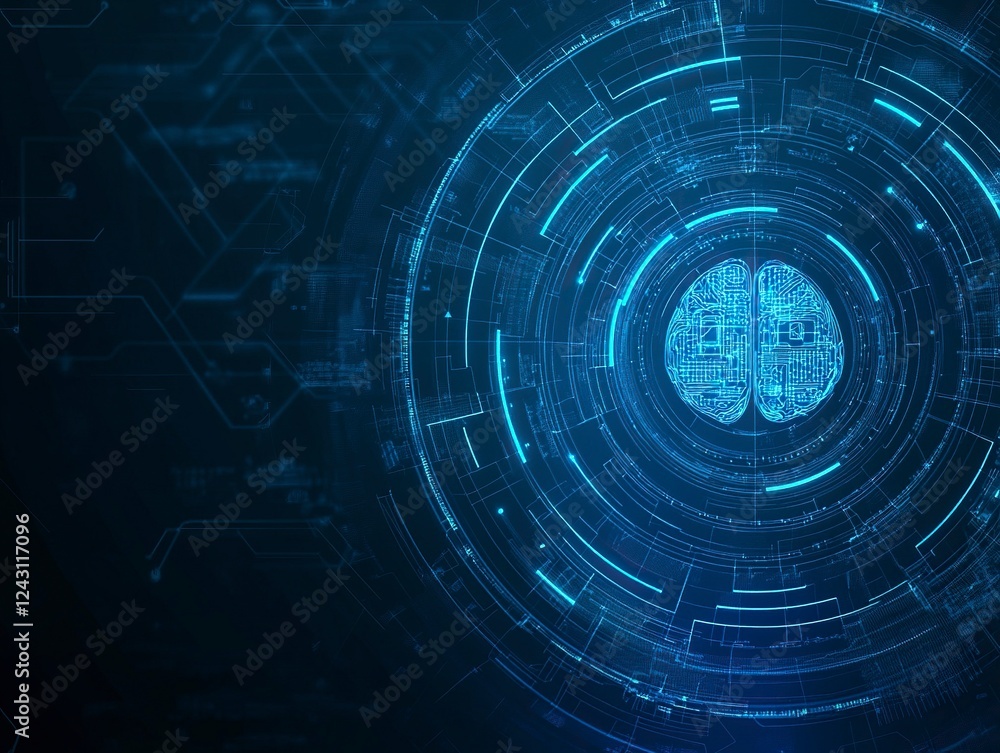 Poster abstract futuristic digital brain with circuit board lines on blue background, artificial intelligen