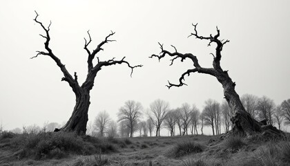Monochromatic Landscape of Ghostly Trees against a Foggy Horizon in Stillness