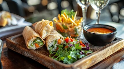 Crispy spring rolls with a side of sweet chili dipping sauce, served on a wooden tray.