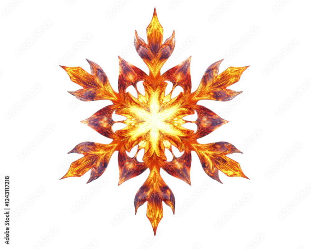 Poster glowing snowflake made of frozen fire, combining elements of fantasy and surrealism. this unique des