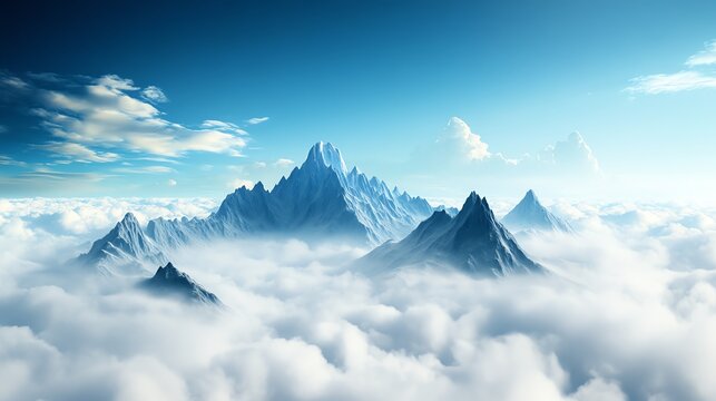 A surreal mountain range where peaks float separately in the sky, suspended above rolling clouds