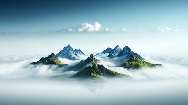 A surreal mountain range where peaks float separately in the sky, suspended above rolling clouds