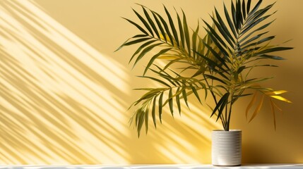palm leaves blurred shadow on light pastel wall. Minimalistic beautiful summer background with copy space
