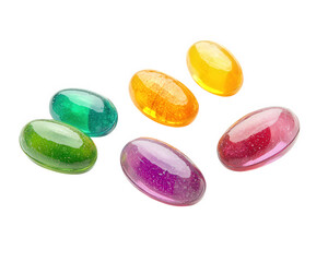 Brightly colored vitamin pills in various shapes and sizes, showcasing vibrant hues. These supplements are arranged artistically, emphasizing their glossy texture and appealing appearance