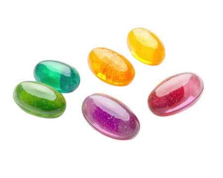 Brightly colored vitamin pills in various shapes and sizes, showcasing vibrant hues. These supplements are arranged artistically, emphasizing their glossy texture and appealing appearance