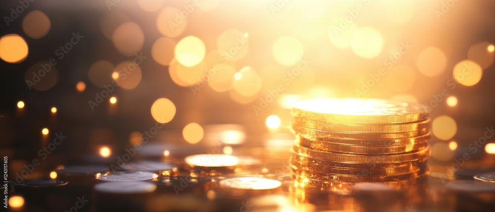 Poster a close-up view of shimmering coins stacked, illuminated by soft golden light, symbolizing wealth an