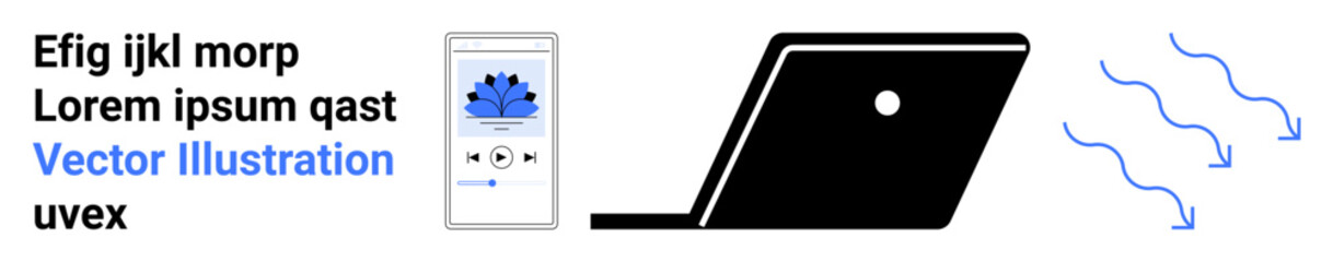 Smartphone playing audio, sleek laptop design, and dynamic blue flowing lines suggest communication and connectivity. Ideal for tech, media, networking, remote work, digital transformation, abstract