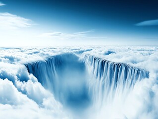 A surreal waterfall that falls in reverse, flowing into the sky and forming a cloudcovered river