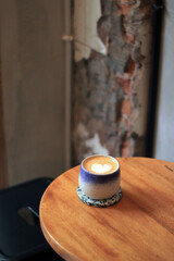 Heart-Shaped Latte Art Sits on Wooden Table in Cafe: Coffee, Cafe, Latte Art, Wooden Table, Coffee Shop, Heart, Drink, Beverage, Espresso, Hot Drink with Morning Coffee Break and Cozy Vibes