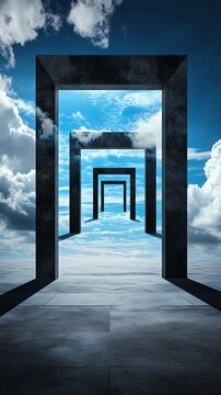 A surreal sky labyrinth where floating doors open into different dimensions, each revealing new worlds