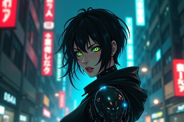 Close-up of a stylish anime girl with vibrant green eyes, dark hair, and a futuristic, almost robotic arm.