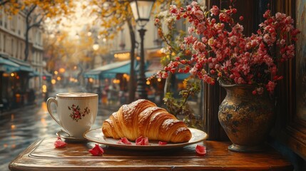 A French croissant with coffee at a Parisian cafÃ