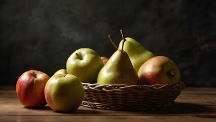 Basket of Fresh Apples and Pears on Wooden Table
