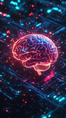 Cybernetic brain with neon pathways and digital sparks.