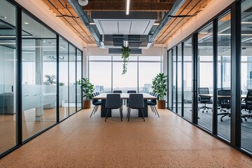 Spacious Modern Conference Room with Cork Flooring and Glass Walls in a Bright Collaborative Office Environment
