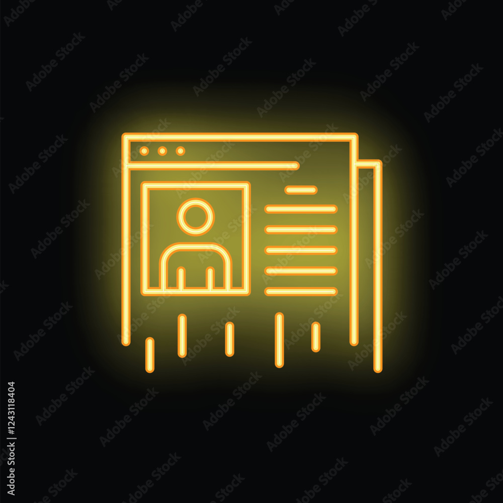 Poster yellow glowing neon icon of browser window displaying user profile information on a black background