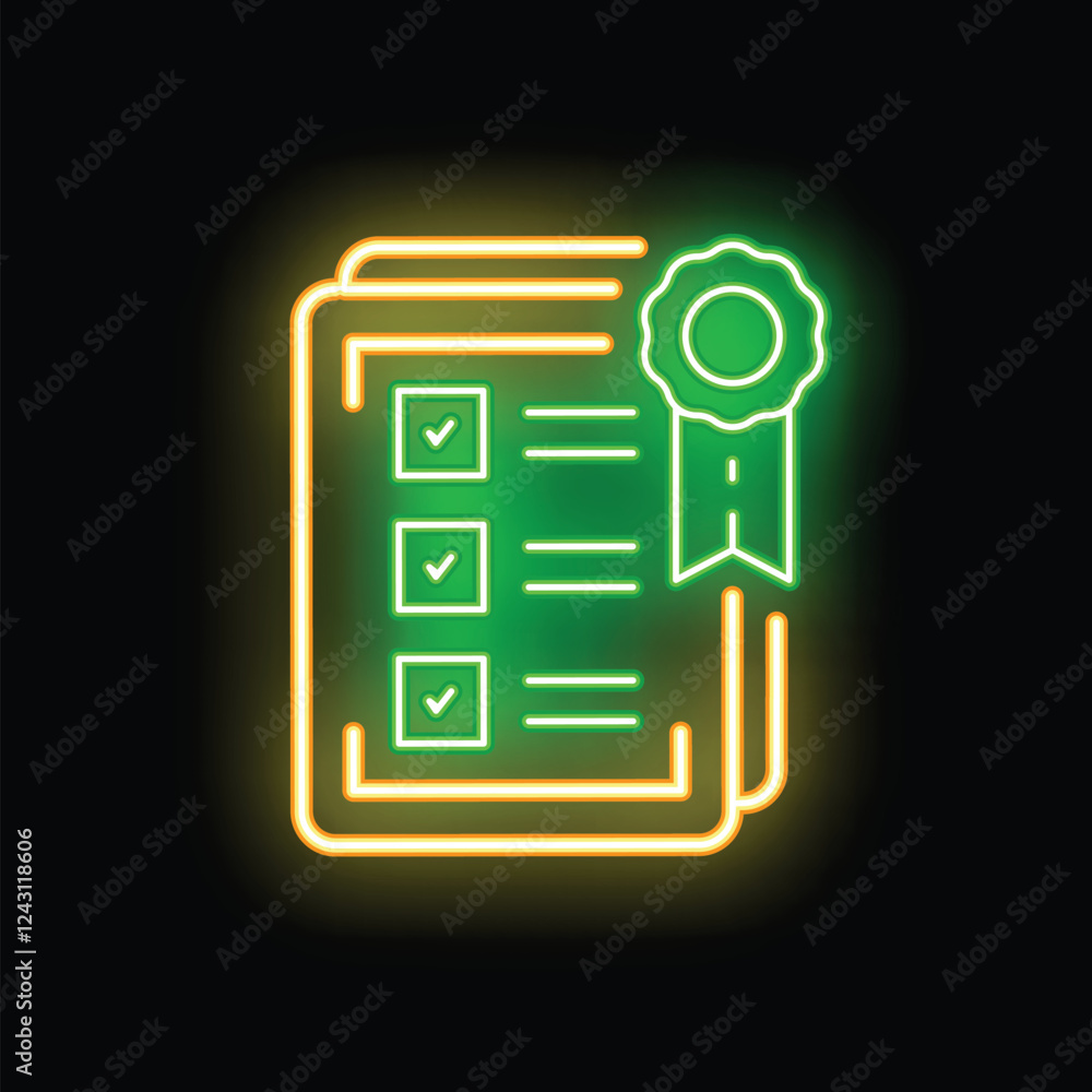 Aufkleber neon icon depicting documents with check marks and a green seal, symbolizing successful completion o