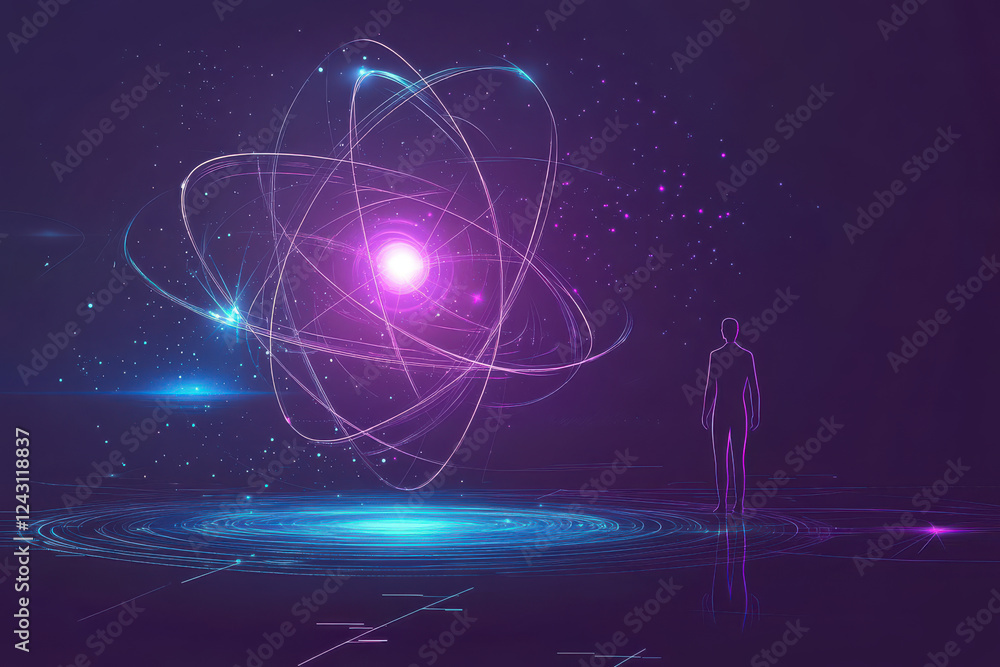 Poster person observing glowing atom in cosmic environment, representing quantum physics and particle inter