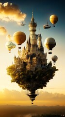 Obraz premium A whimsical floating kingdom where castles are suspended by enormous hot air balloons drifting in a golden sunset