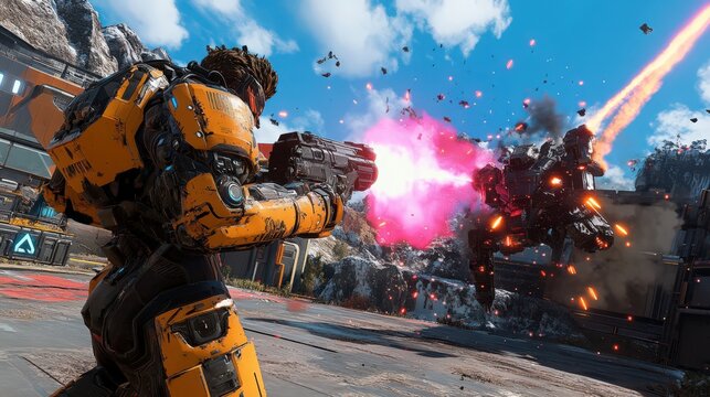 Intense Future Combat: Armored Soldier Battling Robot in a Futuristic War