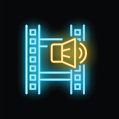 Neon film strip playing loud music on audio speaker on dark background, concept of cinema for movie fans