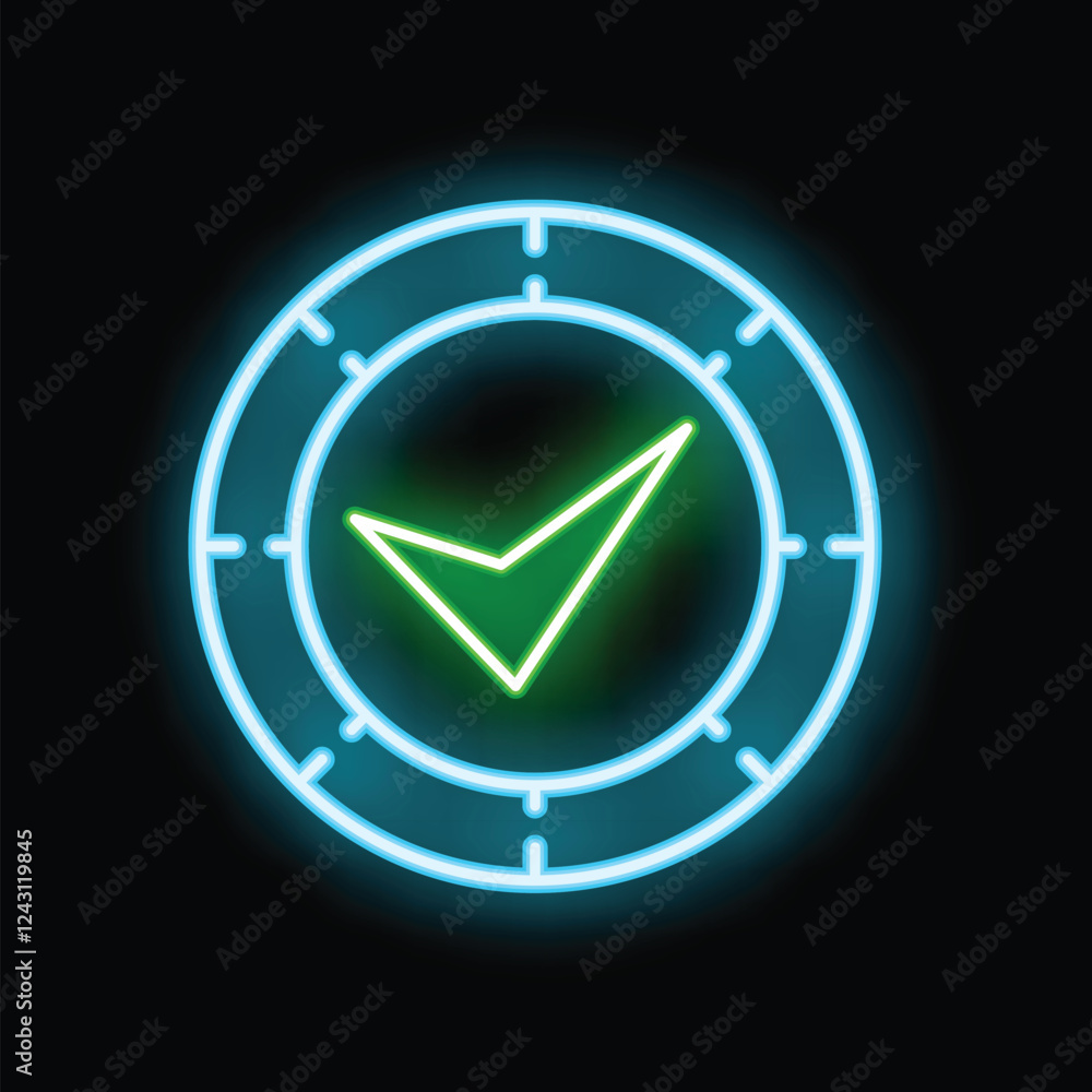 Poster glowing neon sign depicting a clock face with a prominent check mark, conveying a sense of punctuali