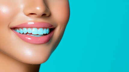 Fototapeta premium A close-up smile featuring bright teeth and glossy lips against a vibrant turquoise background.