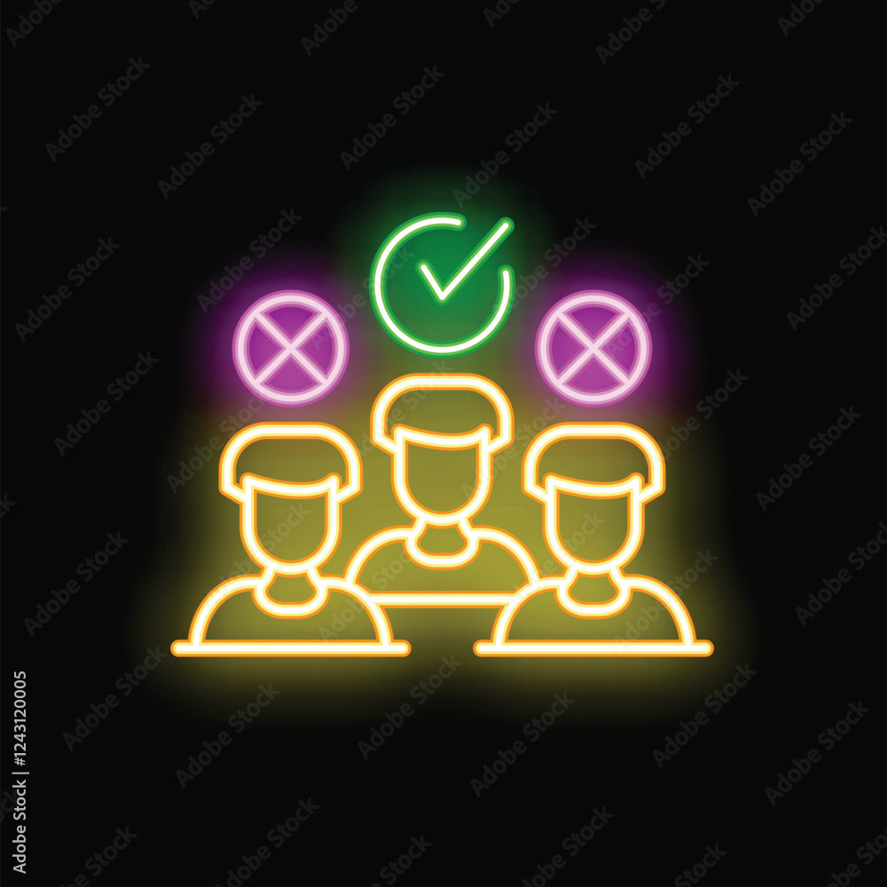Poster neon icon of a candidate selection process showing one person approved and two rejected
