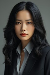 Fototapeta premium arafed image of a woman with long black hair and a white shirt