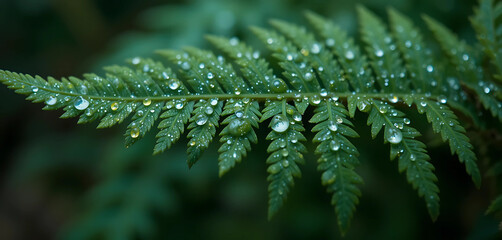 Fototapeta premium A close-up of a fern leaf with small, perfectly round water droplets clinging to its surface, reflecting the surrounding environment in each droplet.